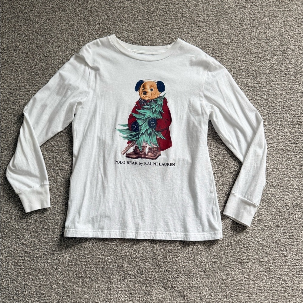 Polo by Ralph Lauren Kids White Long Sleeve Tee with Christmas Tree Bear Graphic